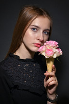 Retro Portrait Of Young Woman with Roses in Waffle Cone