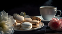 French macaroons with tea cup and flowers