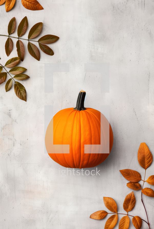 Minimalist autumn composition featuring a bright orange pumpkin and fall leaves on a light background, ideal for Thanksgiving decor.