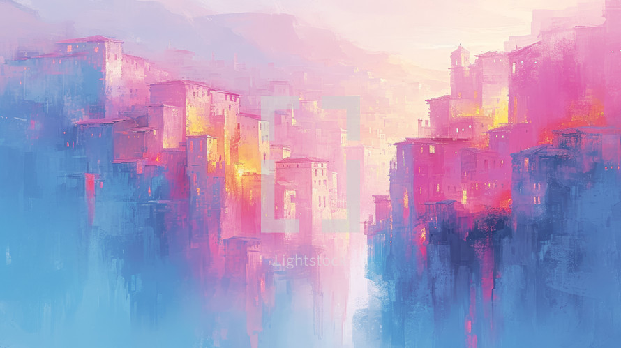 Ethereal dawn hues cast a warm glow over a coastal French town, captured in a contemporary impressionistic style, where the play of light and shadow blurs the lines between reality and dream.