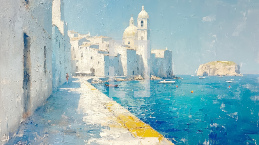 An impressionistic painting of a serene Mediterranean village by the sea, showcasing a textured blend of azure waters, historical architecture, and vibrant coastal charm.