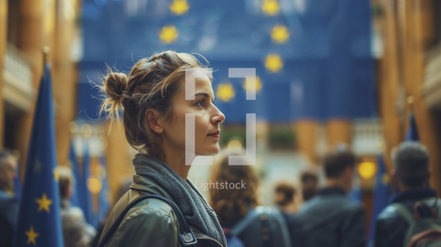 Thoughtful young woman in a European Union setting, gazing forward amidst EU flags, embodying hope and engagement in political processes.