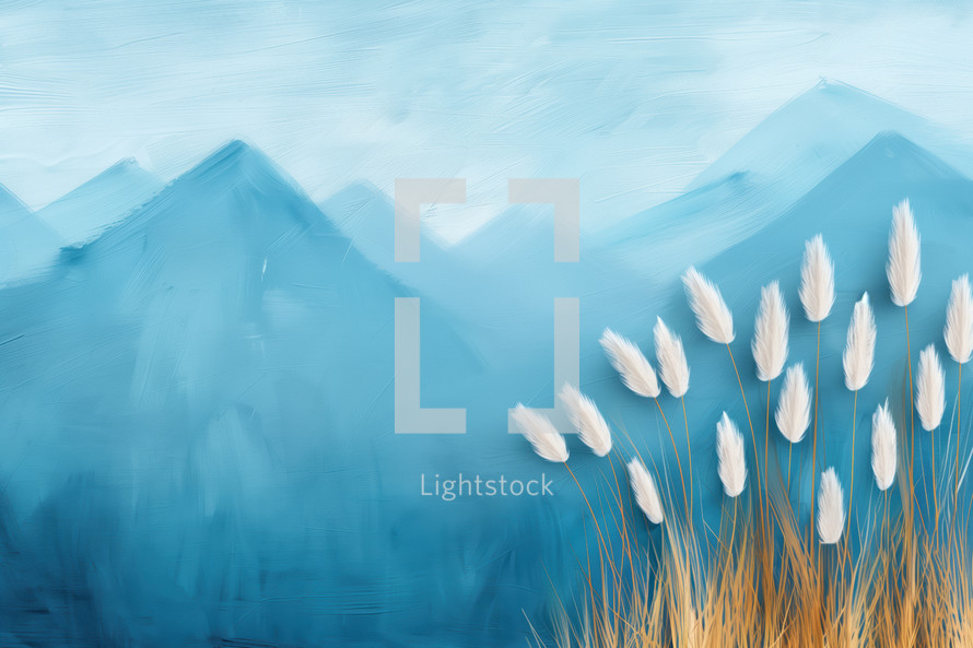 Abstract painting featuring soft white pampas grass set against a background of layered blue mountains. The artwork conveys tranquility and a connection to nature.