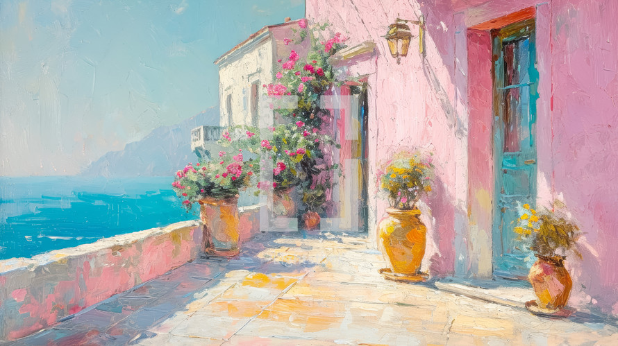 A sun-drenched terrace with pink walls and blooming flowers overlooks the tranquil Mediterranean, capturing the vibrant spirit of coastal France.