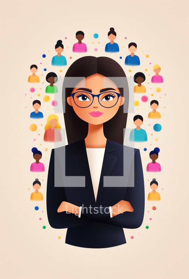 Illustration of a confident female leader surrounded by diverse team members, representing empowerment, diversity, and leadership.