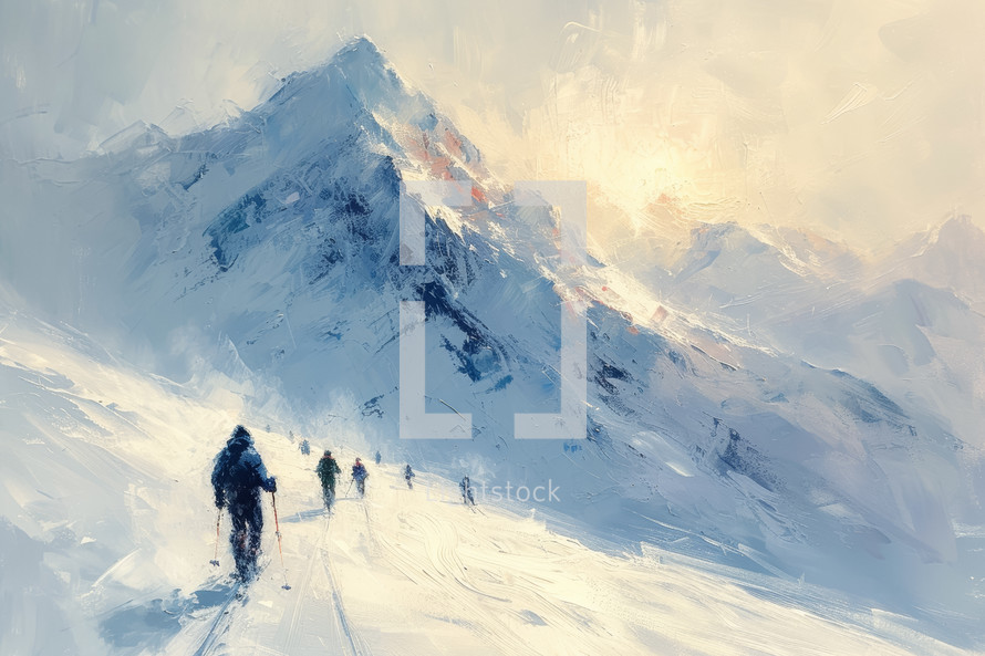 Skiers ascending a snowy mountain path at dawn, with the first light casting a warm glow on the peaks.
