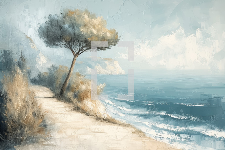 A serene coastal path with a lone pine tree overlooking a calm blue sea under a soft, pastel sky.