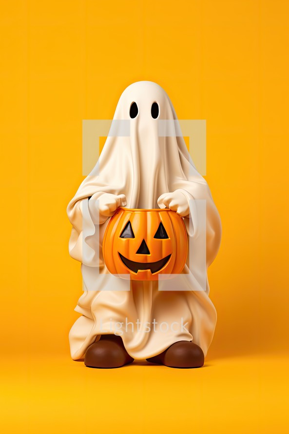 3d rendering of a cute halloween ghost on orange background