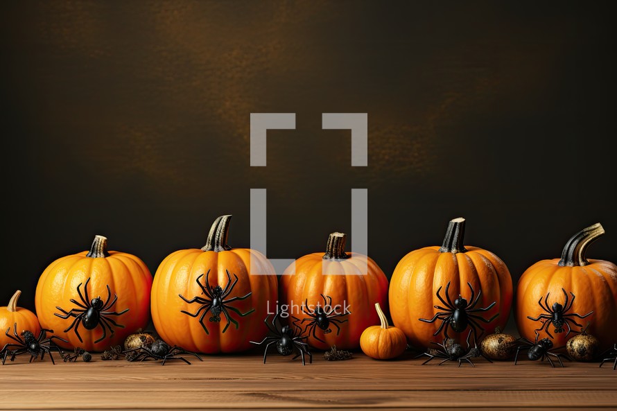 Halloween background with pumpkins and spiders on wooden table over dark background