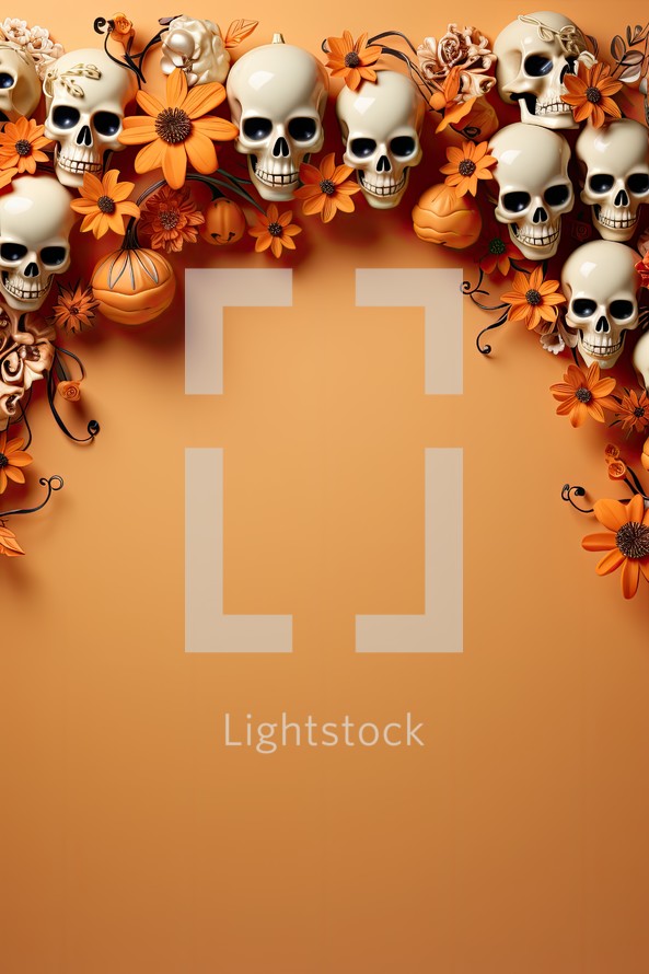 Skulls with flowers on orange background. Halloween holiday concept.