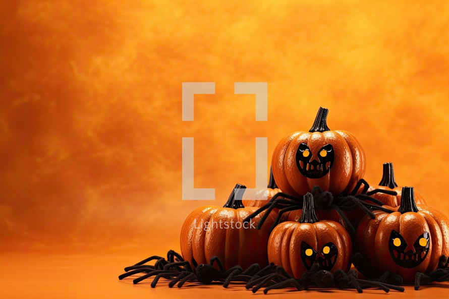Halloween pumpkins with spider on orange background. Copy space.