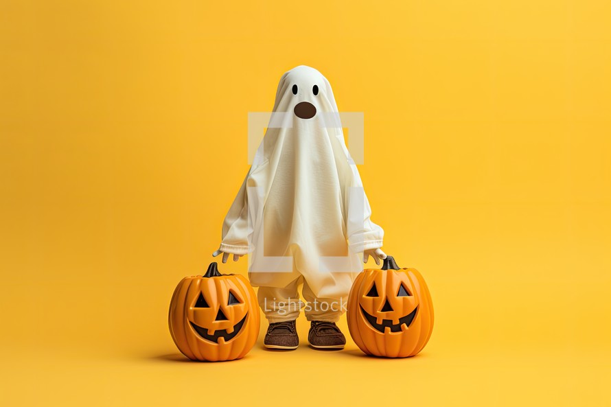 Halloween holiday concept. Funny ghost in halloween costume on yellow background
