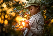 a boy picking an apple 