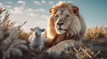 Lion and a lamb in a field of wheat