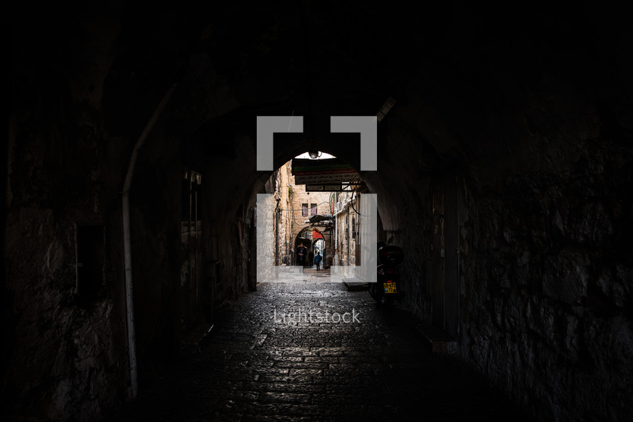 tunneled dark alley in Jerusalem 