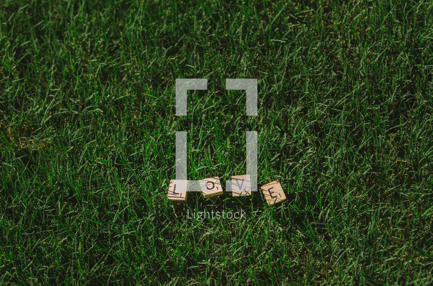 Love spelled out in scrabble tiles on grass.