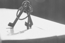 Ring of keys standing on table.