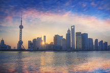 Pudong skyline at sunrise, from the Bund. Shanghai
China. Asia.- editorial use only