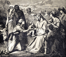 A painting depicting Jesus with the Children.