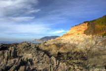 rocky cliffs along a coastline 