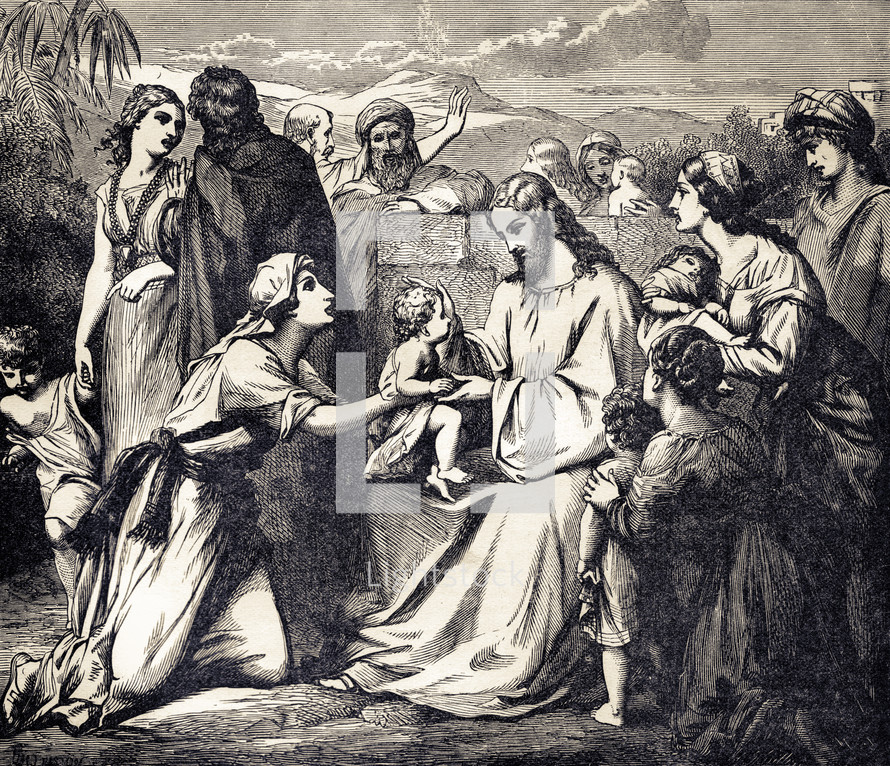 A painting depicting Jesus with the Children.