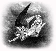 Artwork depicting an angel flying with a scroll.