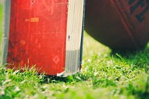 Holy Bible and football in grass 