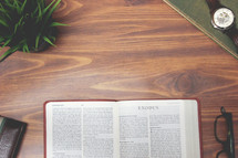open Bible and reading glasses on a wood table - Exodus 