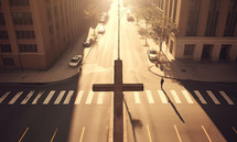Shadow of a cross and a man in the middle of a street