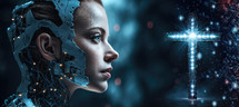 Faith at the Artificial Intelligence Age. Cyborg woman and christian cross on dark background 3D rendering