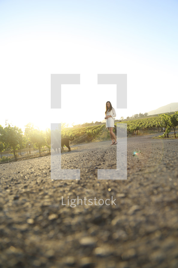 distant woman standing in a vineyard