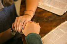 women holding hands in prayer over a Bible 
