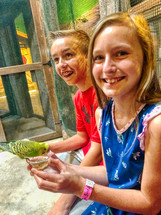 Children feeding parakeets 