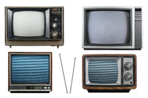 Four vintage television sets and an antenna.