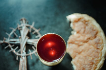 Holy cross, crown of thorns, nails, and communion bread and wine 