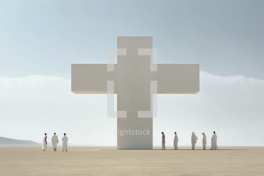 Bring His word and light. White cross in the desert with local people around. Missionary work