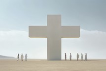 Bring His word and light. White cross in the desert with local people around. Missionary work