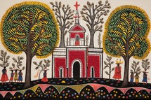 Mural painting of a church in the forest. Vector illustration.