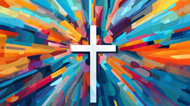 Abstract colorful cross with bursting light.