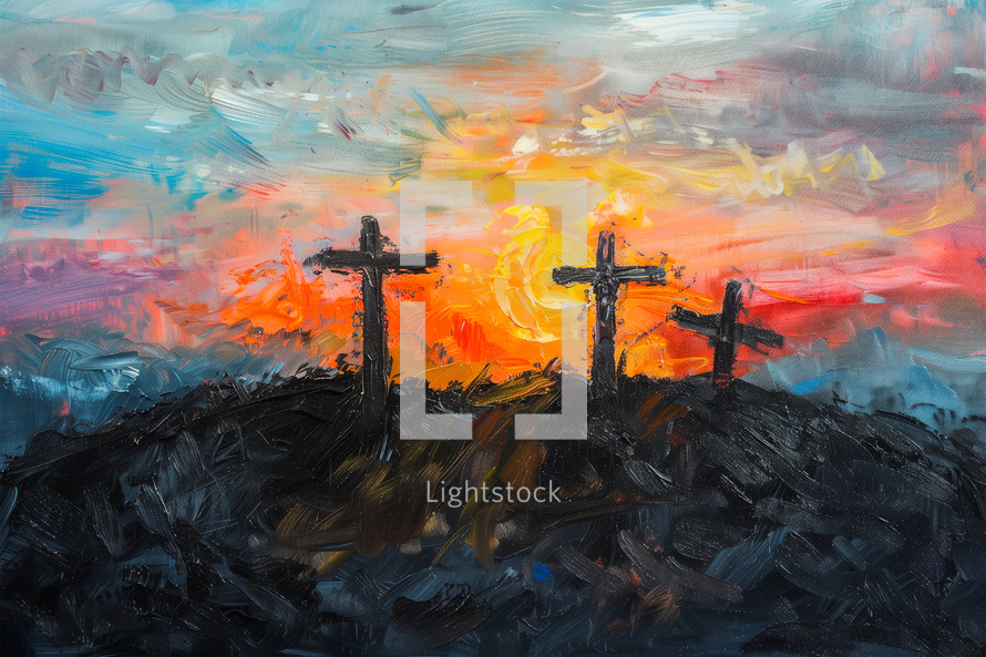 A stylized painting of the three crosses silhouette against the sunset on the hill of Golgotha.