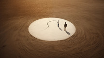A man and a woman standing in side a circle in the dirt. Marital issues concept. 