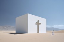 Conceptual image with a woman and a cross in the desert. Faith