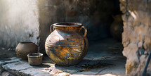 Clay Jars and Tools from Ancient Times That would be Used in a Households for Water Wine Oil Etc