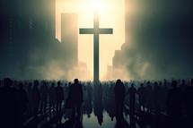 People gathering around a cross