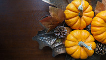 pumpkins and pine cones on a wood background 