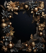 Elegant Christmas wallboards with golden leaves and branches over a wooden black background.  In the middle is space for writing and placing greetings, text, and well wishes. 