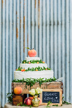 A wedding cake in a rustic setting galvanized steel peaches sweet love