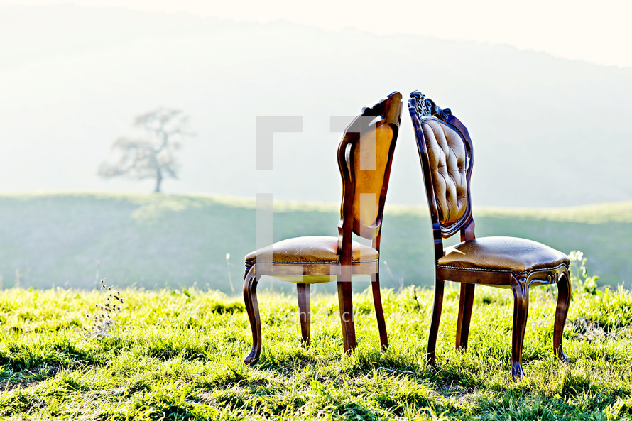 Two antique chairs in a grassy field  facing away from each other on a hillside