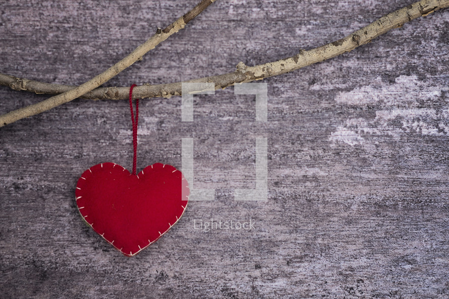 a felt heart ornament hanging on a branch 