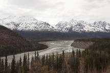 river and snow capped mountains 